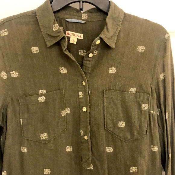 Olive green button down shirt with double breasted pockets. - Picture 2 of 4